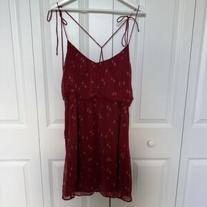 Roxy Red Geometric Print Short Sundress Size L Tie Back Empire Waist Babydoll
